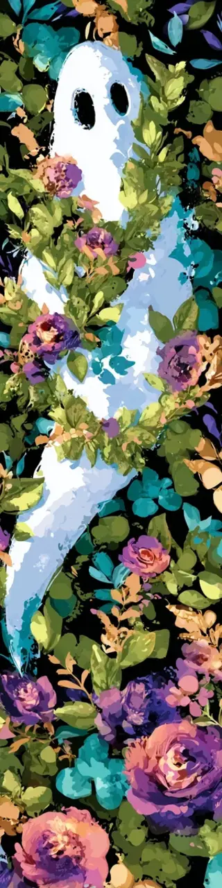 Free printable ghost behind bushes with flowers bookmark