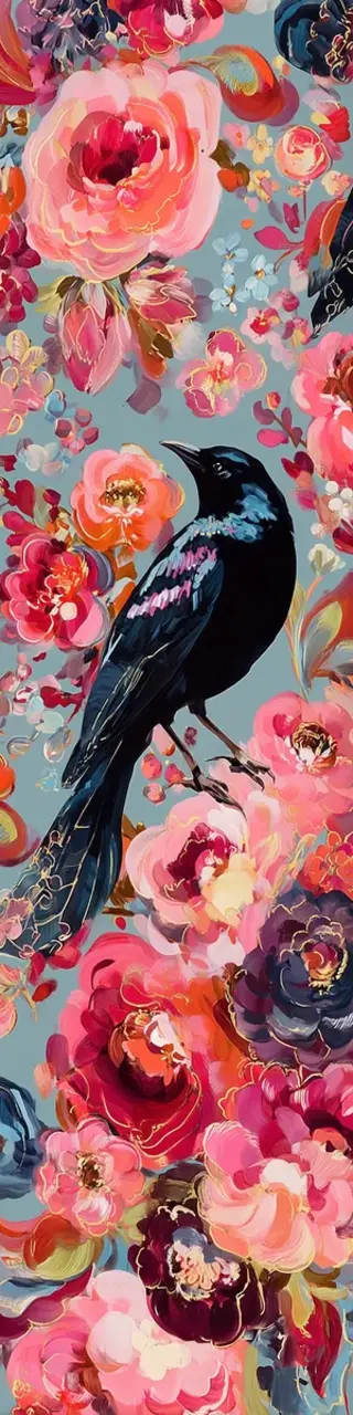 Free printable black bird pink peonies bookmark