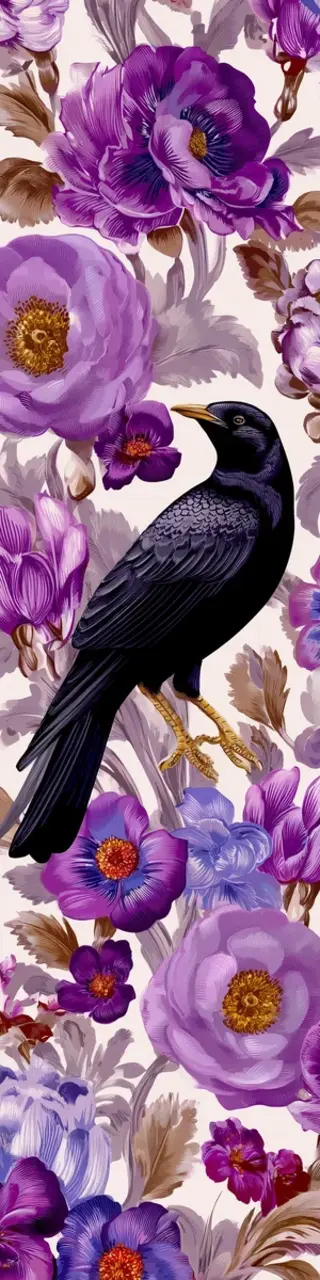 Free printable black bird purple flowers bookmark