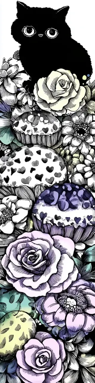 Free printable black cat on floral bookmark