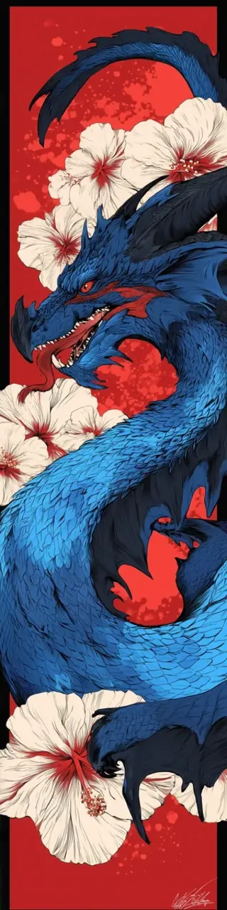 Free printable blue dragon with white flowers bookmark