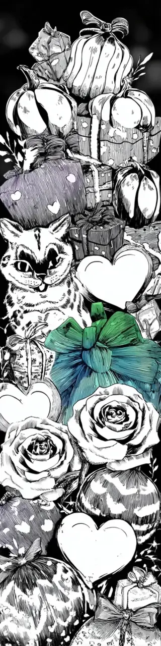 Free printable cat with hearts and roses bookmark to color