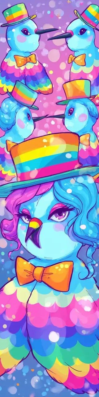 Free printable colorful birds with tophat bookmark