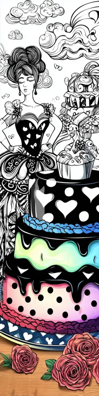 Free printable coloring woman cake and hearts bookmark