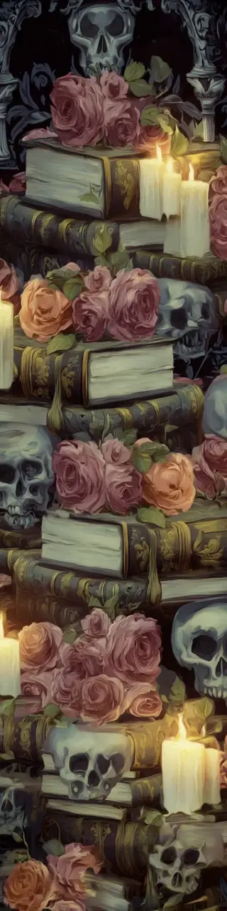 Free printable dark academia books with skulls and candles bookmark