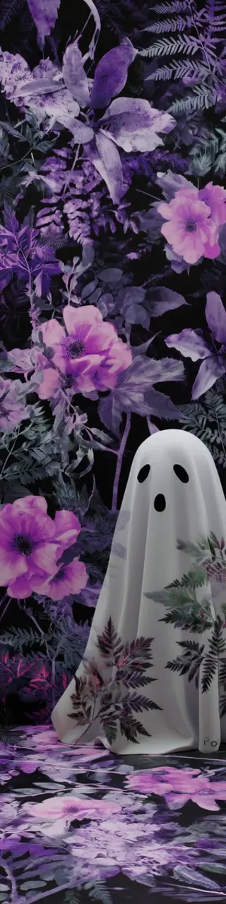 Free printable ghost with purple flowers bookmark
