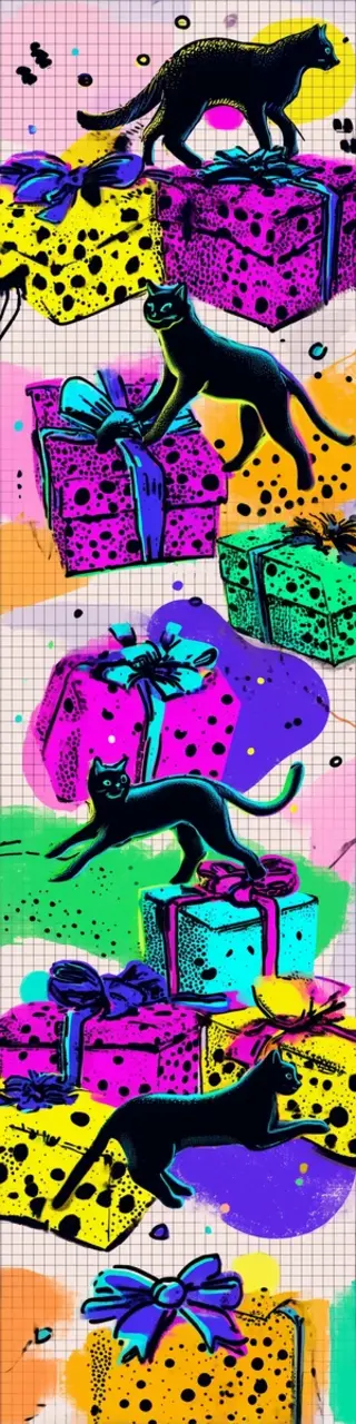 Free printable neon presents with black cats bookmark