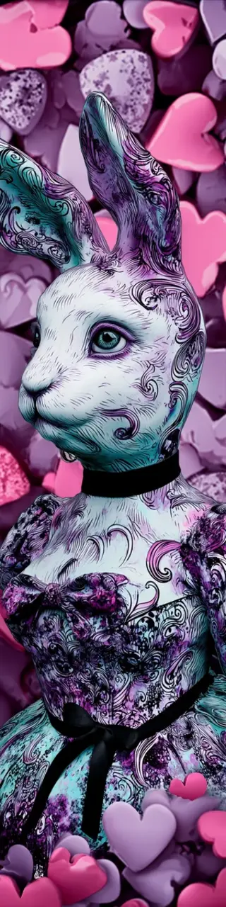 Free printable ornate purple bunny with hearts bookmark