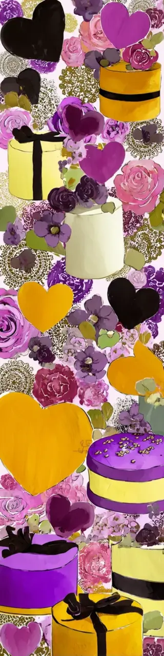 Free printable purple yellow hearts cakes bookmark