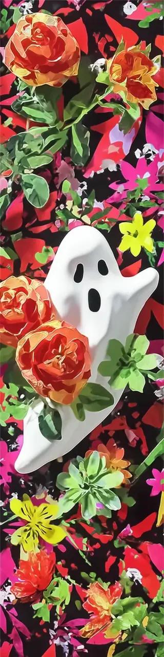 Free printable ghost with red flowers bookmark