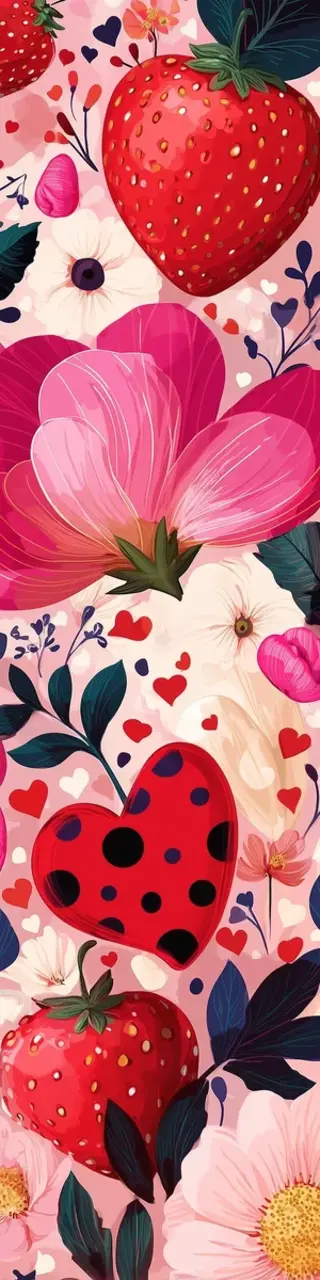 Free printable strawberries with floral hearts bookmark