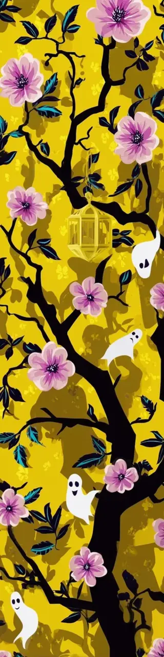 Free printable tiny ghosts on yellow floral tree bookmark