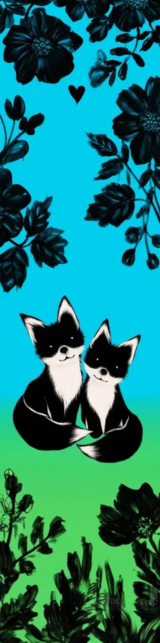 Free printable two black foxes cuddling bookmark